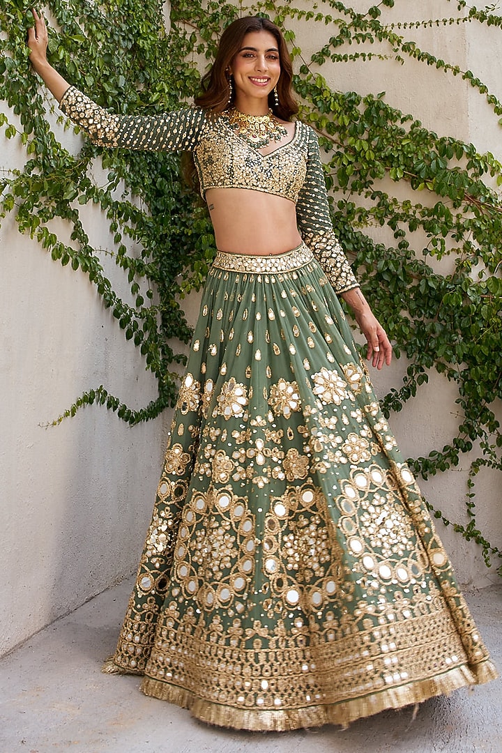 Jade Green Net Sequins Embroidered Bridal Lehenga Set by Abhinav Mishra at Pernia's Pop Up Shop