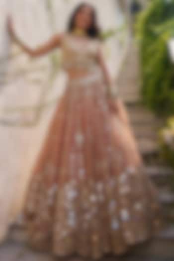 Blush Peach Net Sequins Embroidered Bridal Lehenga Set by Abhinav Mishra at Pernia's Pop Up Shop