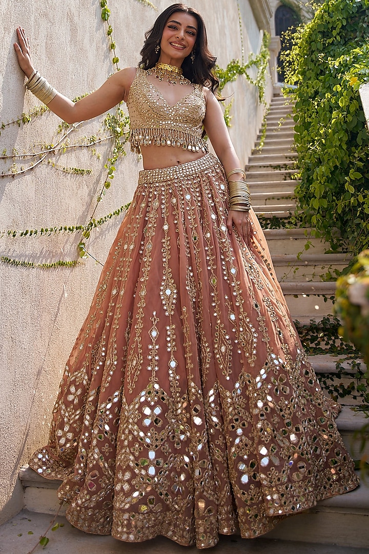 Blush Peach Net Sequins Embroidered Bridal Lehenga Set by Abhinav Mishra at Pernia's Pop Up Shop