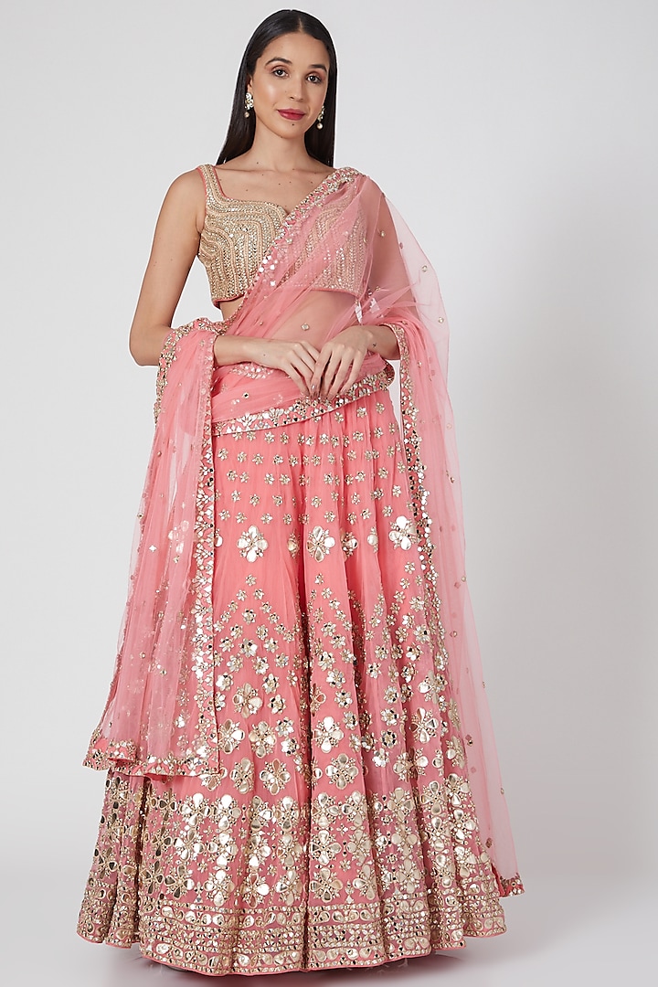 Pink Mirror Embellished Lehenga Set by Abhinav Mishra