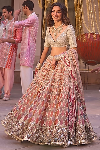 Multi-Colored Net Printed Lehenga Set by Abhinav Mishra