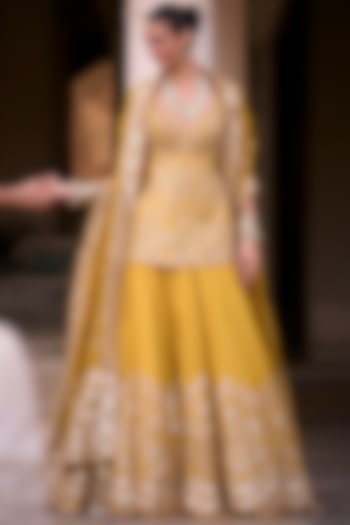 Goldenrod Haldi Chanderi Gota & Mirror Embellished Bridal lehenga for 22 Lehenga Set by Abhinav Mishra at Pernia's Pop Up Shop