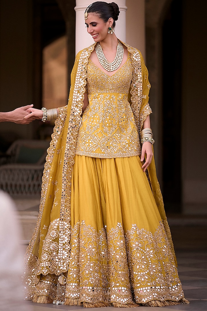 Goldenrod Haldi Chanderi Gota & Mirror Embellished Bridal lehenga for 22 Lehenga Set by Abhinav Mishra at Pernia's Pop Up Shop