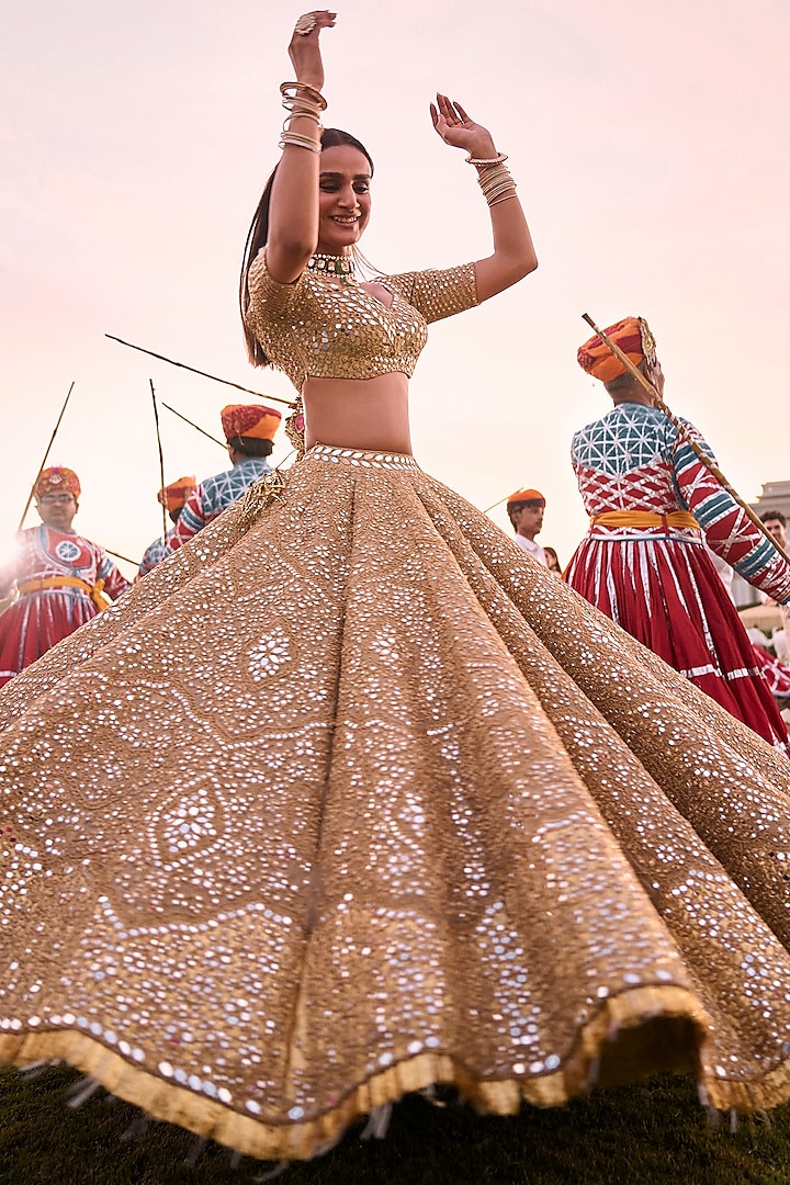 Golden & Beige Tissue Gota & Mirror Embellished Bridal lehenga for 22 Lehenga Set by Abhinav Mishra at Pernia's Pop Up Shop