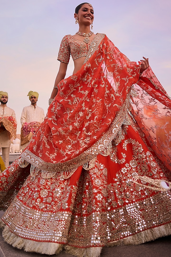 Amber Chanderi Gota & Mirror Embellished Bridal Lehenga Set by Abhinav Mishra at Pernia's Pop Up Shop