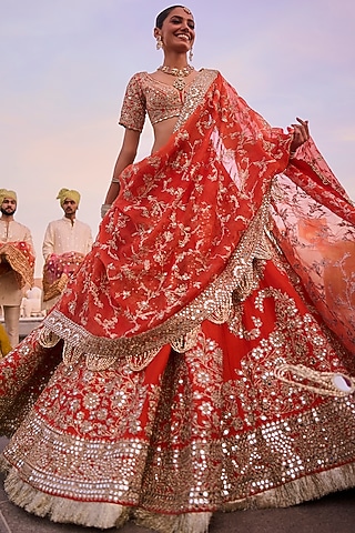 Amber Chanderi Gota & Mirror Embellished Lehenga Set by Abhinav Mishra