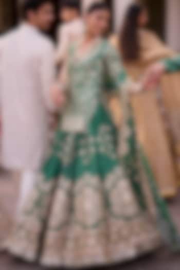 Emerald Green Chanderi Mirror Work Bridal Lehenga Set by Abhinav Mishra at Pernia's Pop Up Shop