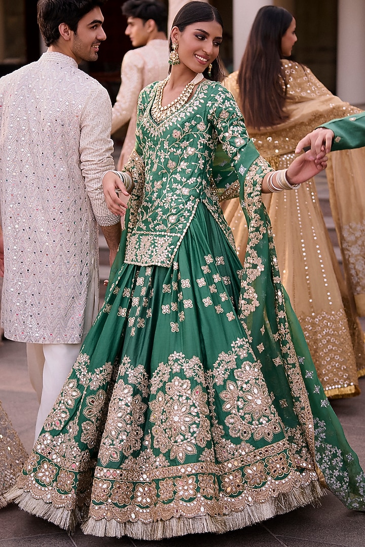 Emerald Green Chanderi Mirror Work Bridal Lehenga Set by Abhinav Mishra at Pernia's Pop Up Shop