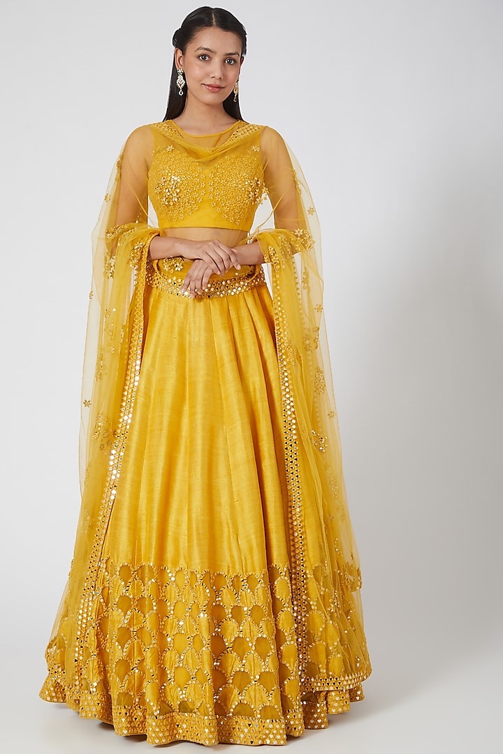 Yellow Mirror Embellished Lehenga Set by Abhinav Mishra