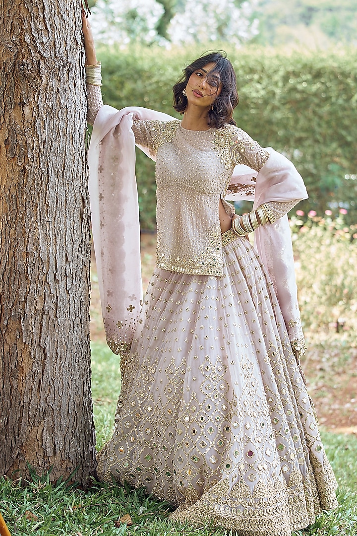Antique Pink Net Mirror Embroidered Bridal Lehenga Set by Abhinav Mishra at Pernia's Pop Up Shop