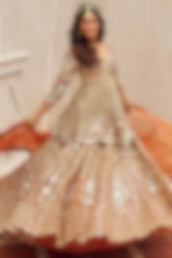 Rust Orange Net Mirror Embroidered Bridal Lehenga Set by Abhinav Mishra at Pernia's Pop Up Shop