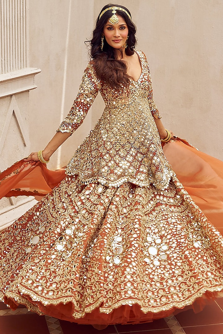 Rust Orange Net Mirror Embroidered Bridal Lehenga Set by Abhinav Mishra at Pernia's Pop Up Shop