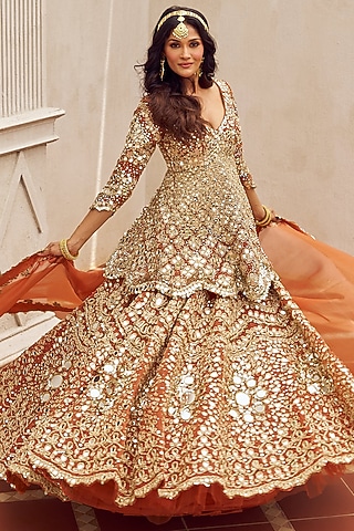 Rust Orange Net Mirror Embroidered Lehenga Set by Abhinav Mishra