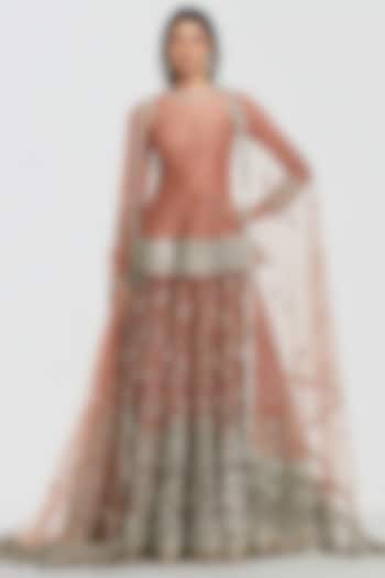 Peach Salmon Net Mirror Work Bridal Lehenga Set by Abhinav Mishra at Pernia's Pop Up Shop