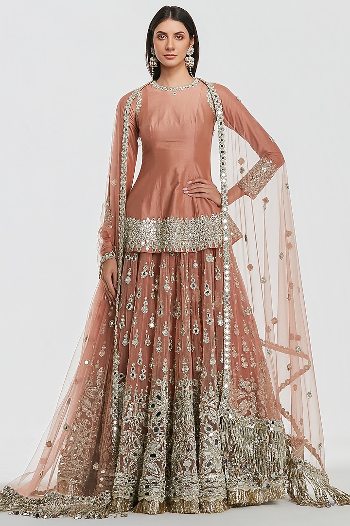 Peach Salmon Net Mirror Work Bridal Lehenga Set by Abhinav Mishra at Pernia's Pop Up Shop