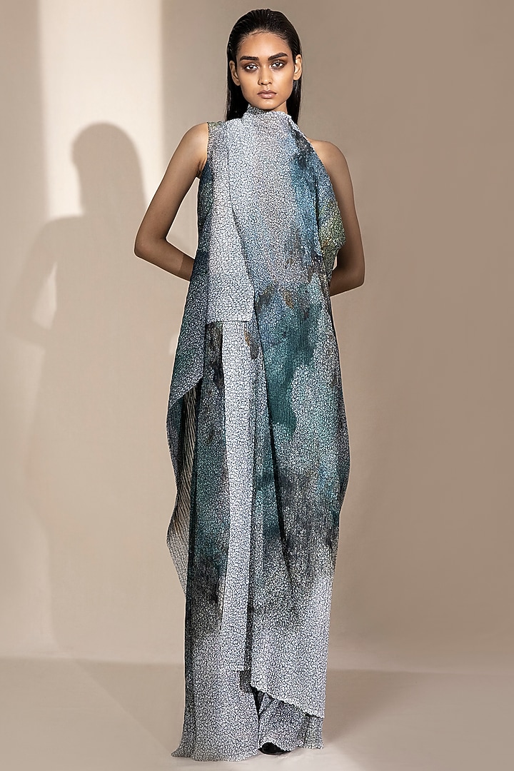 Green Poly Georgette Digital Printed Draped Top by Abhishek Sharma at Pernia's Pop Up Shop
