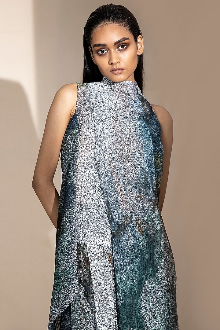 Green Poly Georgette Digital Printed Draped Top by Abhishek Sharma at Pernia's Pop Up Shop