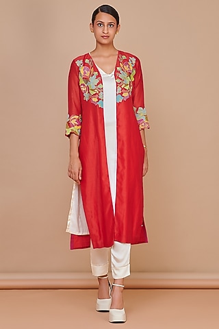 Red Silk Chanderi Jacket Set by Abhjeet Khanna