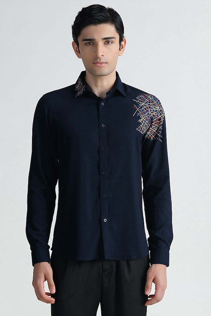 Navy Blue Cotton Party Wear Shirt by Abkasa at Pernia's Pop Up Shop