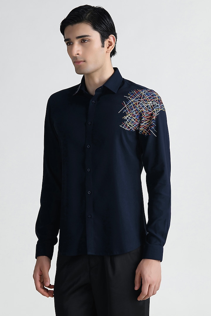 Navy Blue Cotton Party Wear Shirt by Abkasa at Pernia's Pop Up Shop