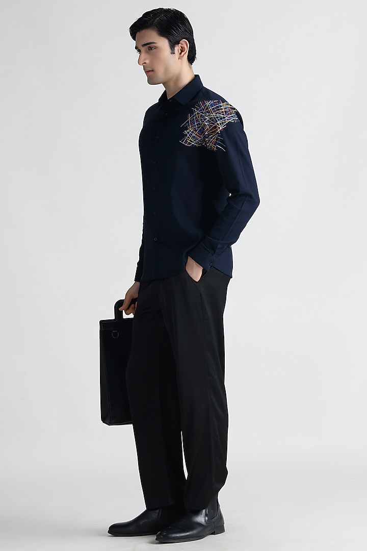 Navy Blue Cotton Party Wear Shirt by Abkasa at Pernia's Pop Up Shop
