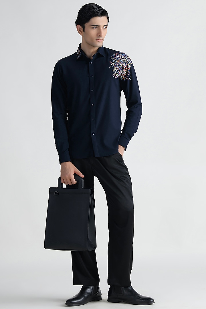 Navy Blue Cotton Party Wear Shirt by Abkasa at Pernia's Pop Up Shop