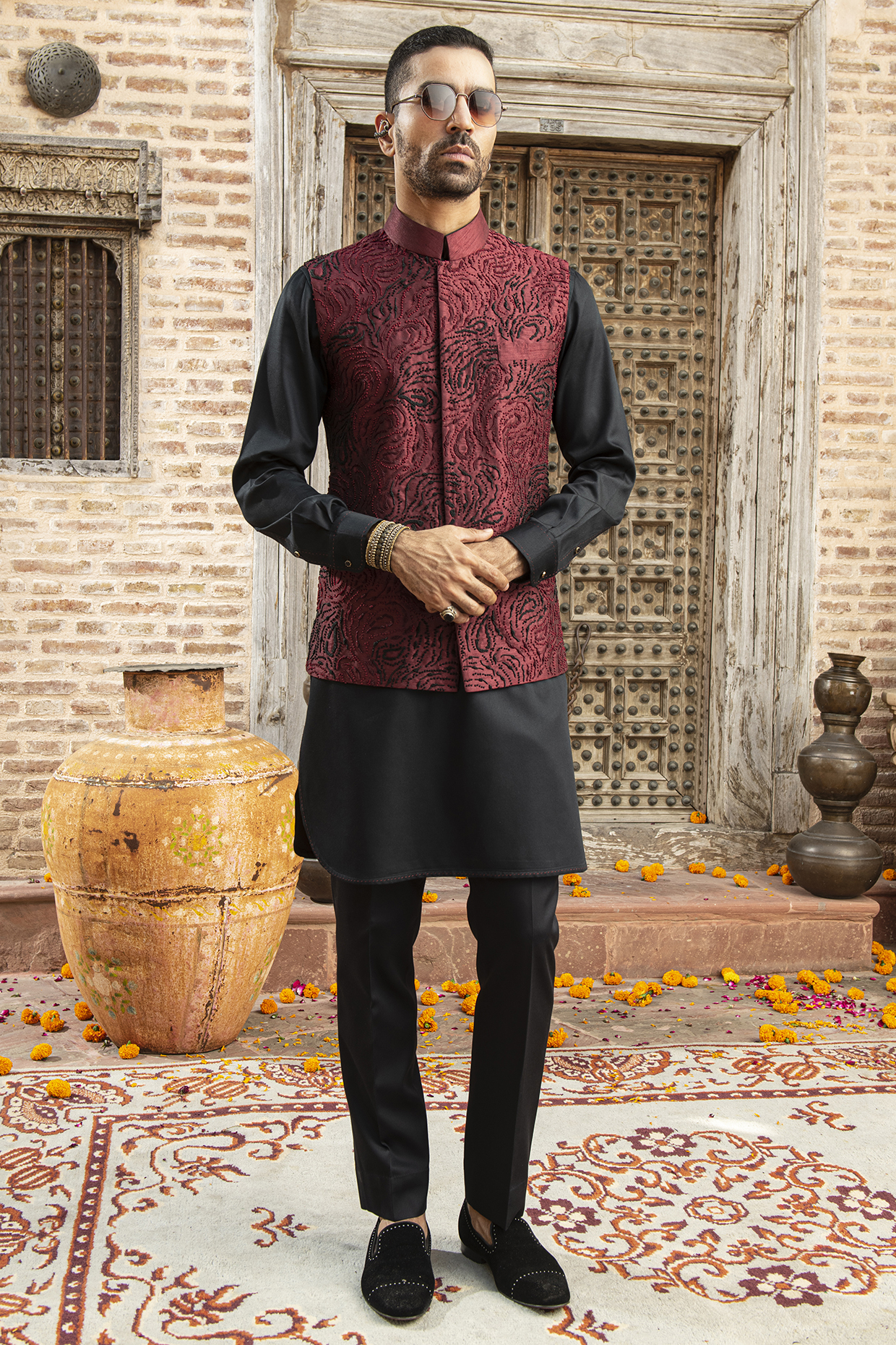 Maroon Indian Dupion Embroidered Nehru Jacket by Abkasa