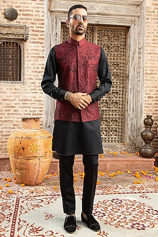 Maroon Indian Dupion Beads Embroidered Nehru Jacket by Abkasa