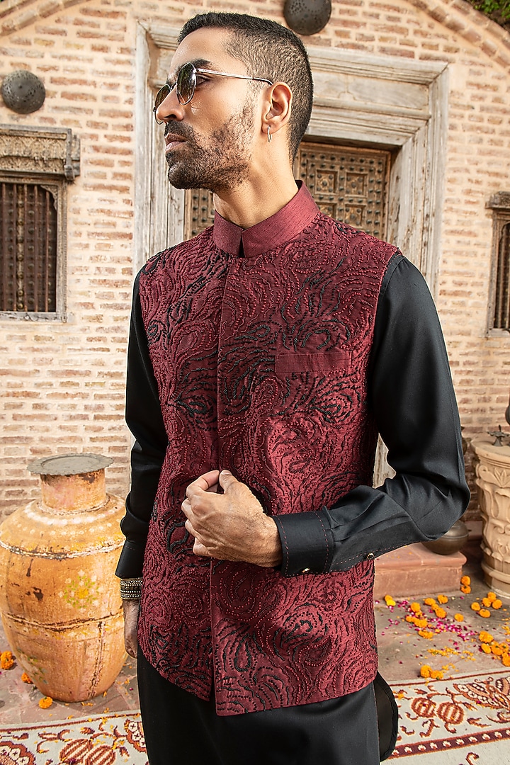 Maroon Indian Dupion Beads Embroidered Nehru Jacket by Abkasa at Pernia's Pop Up Shop