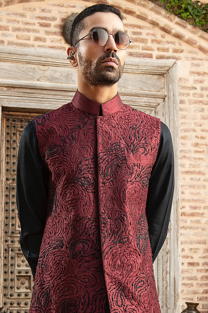 Maroon Indian Dupion Beads Embroidered Nehru Jacket by Abkasa at Pernia's Pop Up Shop