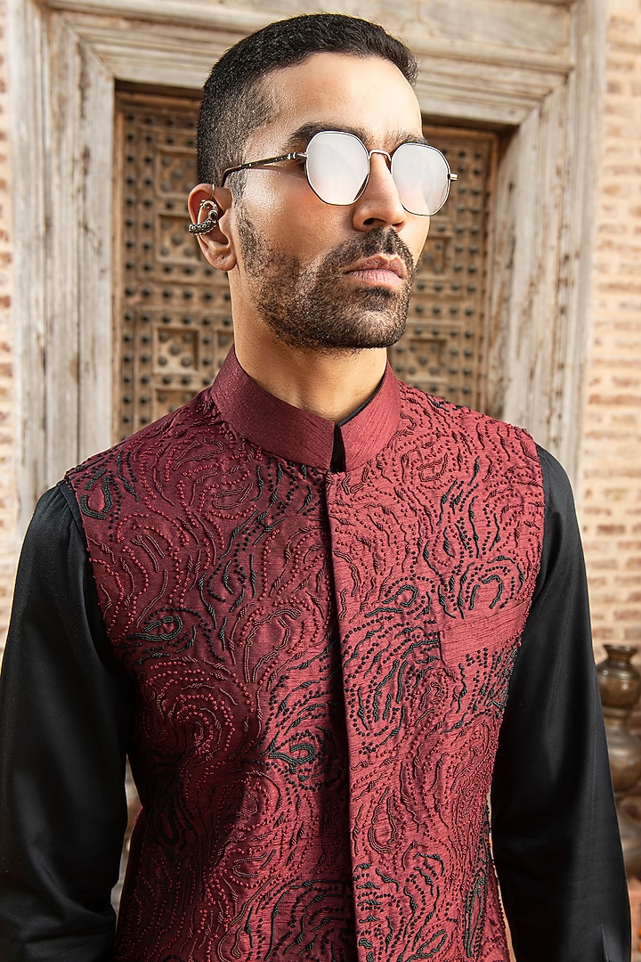 Maroon Indian Dupion Beads Embroidered Nehru Jacket by Abkasa at Pernia's Pop Up Shop