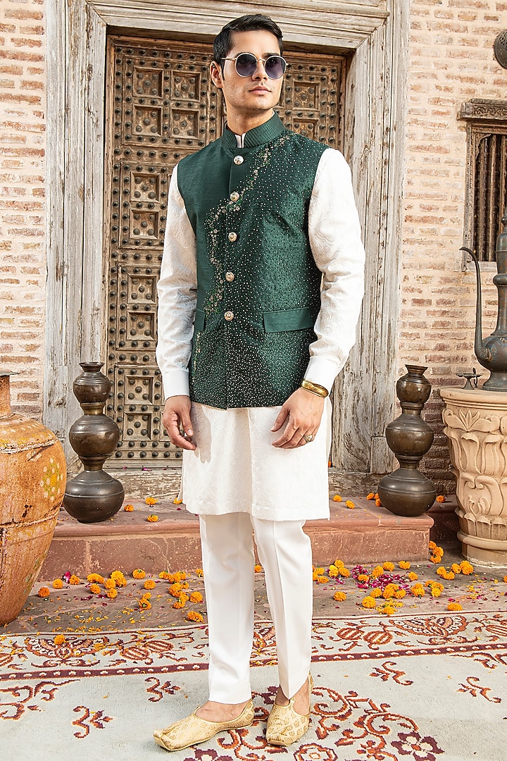 Dark Green Indian Dupion Bead Embroidered Nehru Jacket Set by Abkasa at Pernia's Pop Up Shop