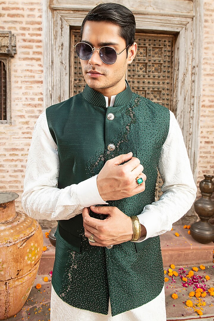 Dark Green Indian Dupion Bead Embroidered Nehru Jacket Set by Abkasa at Pernia's Pop Up Shop