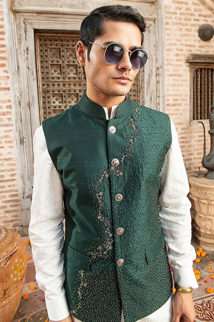 Dark Green Indian Dupion Bead Embroidered Nehru Jacket Set by Abkasa at Pernia's Pop Up Shop