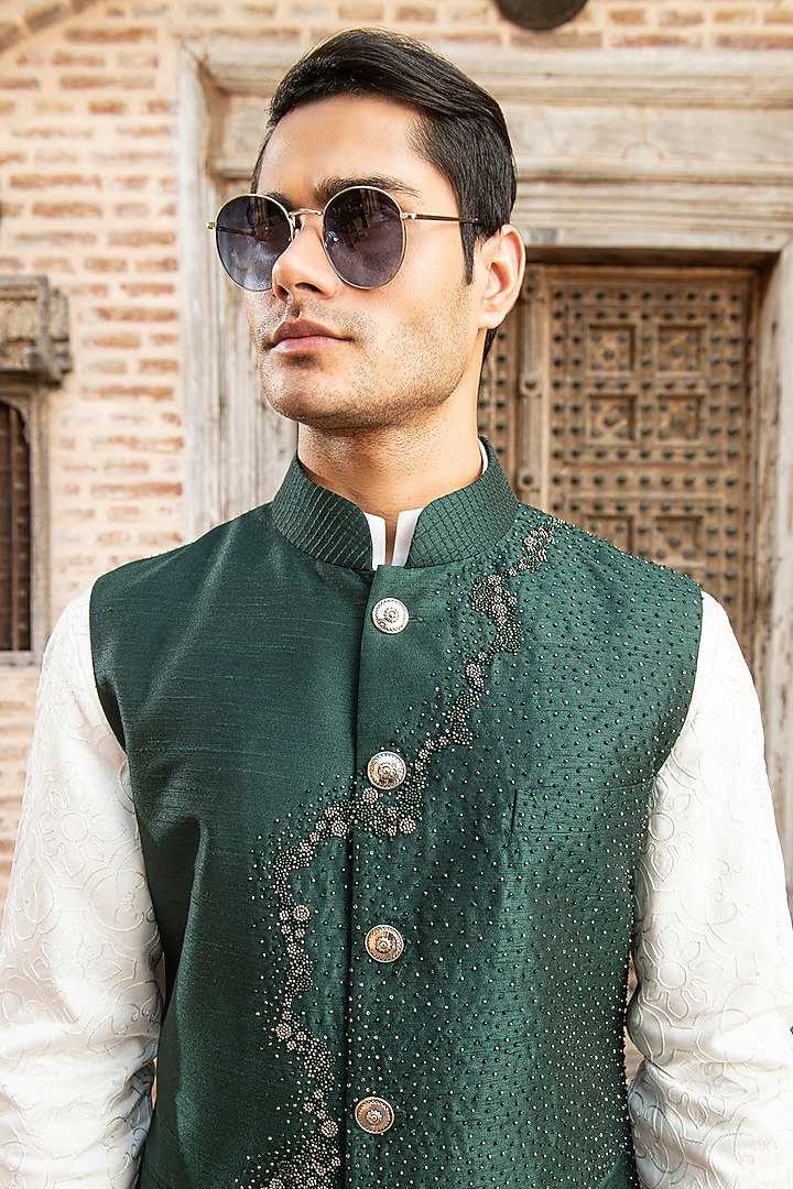 Dark Green Indian Dupion Bead Embroidered Nehru Jacket Set by Abkasa at Pernia's Pop Up Shop