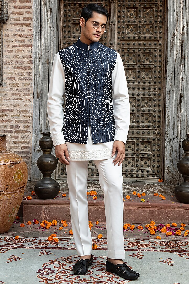 Navy Blue Indian Dupion Beads Embroidered Nehru Jacket by Abkasa at Pernia's Pop Up Shop