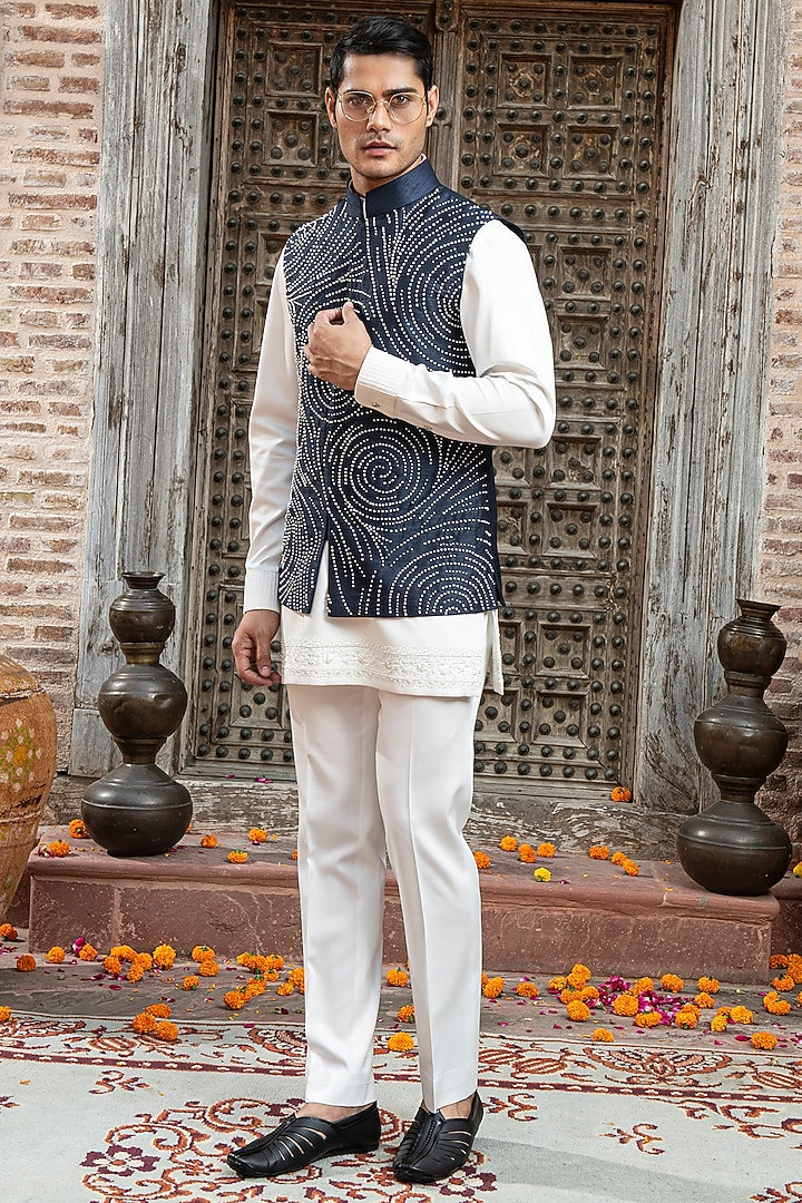Navy Blue Indian Dupion Beads Embroidered Nehru Jacket by Abkasa at Pernia's Pop Up Shop