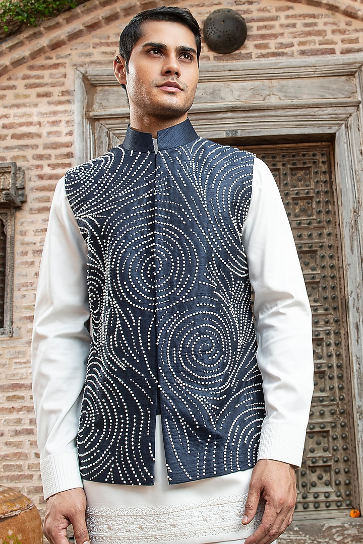 Navy Blue Indian Dupion Beads Embroidered Nehru Jacket by Abkasa at Pernia's Pop Up Shop