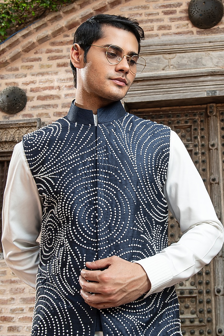 Navy Blue Indian Dupion Beads Embroidered Nehru Jacket by Abkasa at Pernia's Pop Up Shop