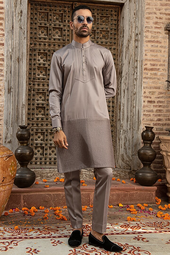 Grey Modal Satin Embroidered Kurta Set by Abkasa at Pernia's Pop Up Shop