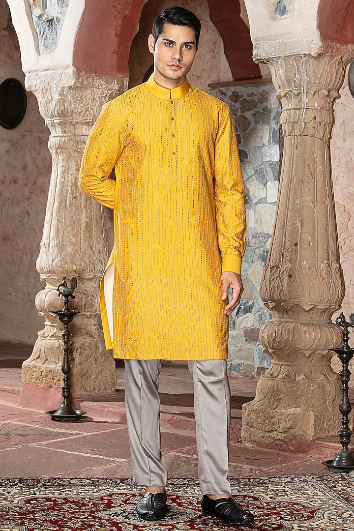 Yellow Katan Silk Embroidered Kurta Set by Abkasa at Pernia's Pop Up Shop