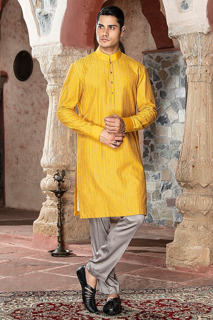 Yellow Katan Silk Embroidered Kurta Set by Abkasa at Pernia's Pop Up Shop