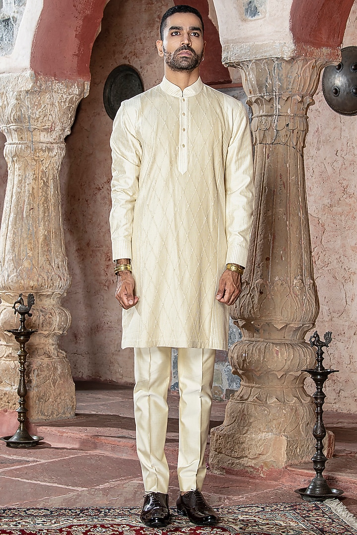 Cream Kaftan Silk Embroidered Kurta Set by Abkasa at Pernia's Pop Up Shop