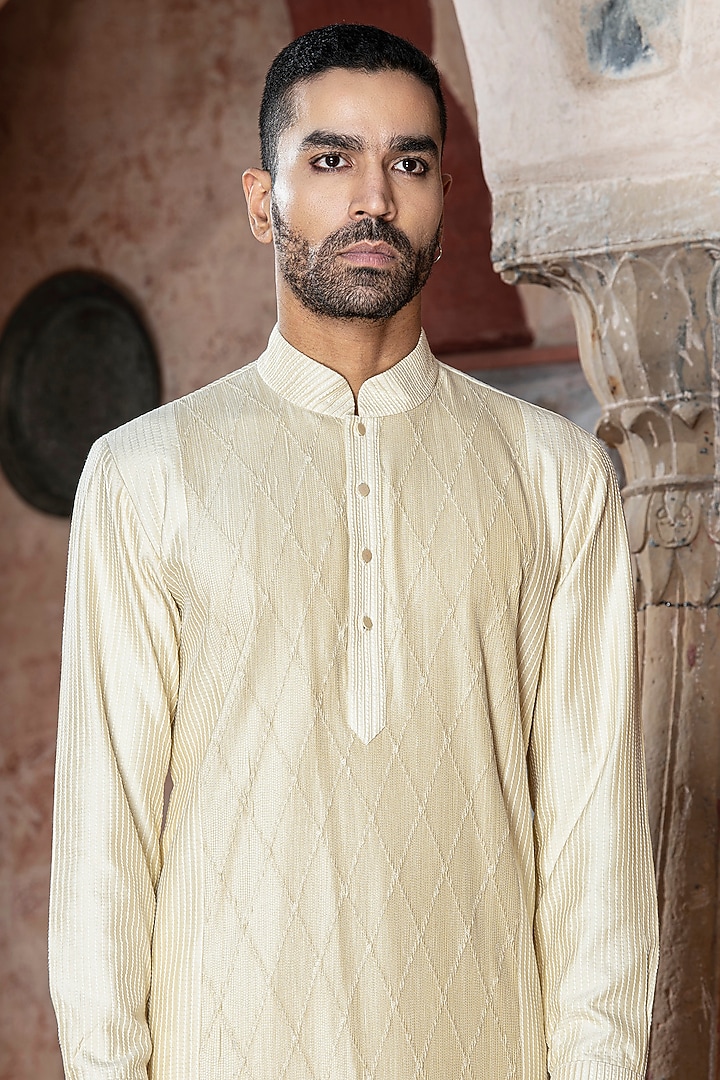 Cream Kaftan Silk Embroidered Kurta Set by Abkasa at Pernia's Pop Up Shop