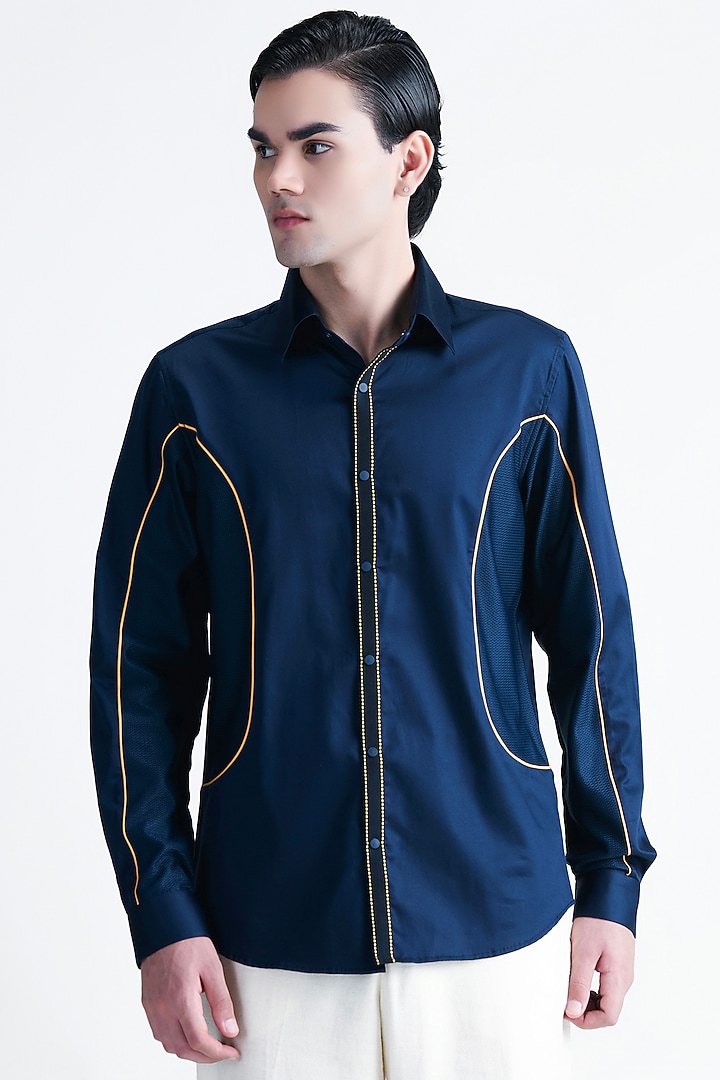 Navy Blue Cotton Party Wear Shirt by Abkasa at Pernia's Pop Up Shop
