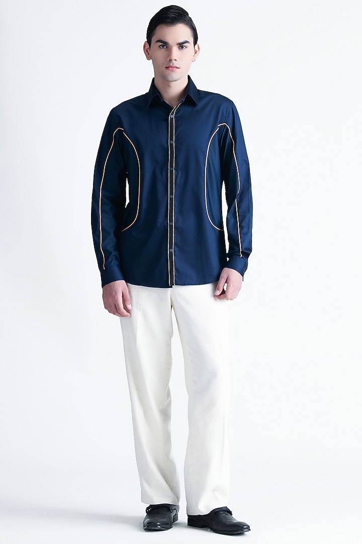 Navy Blue Cotton Party Wear Shirt by Abkasa at Pernia's Pop Up Shop