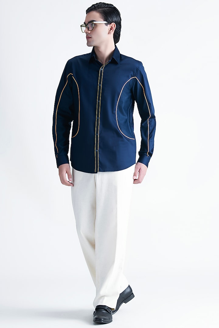 Navy Blue Cotton Party Wear Shirt by Abkasa at Pernia's Pop Up Shop