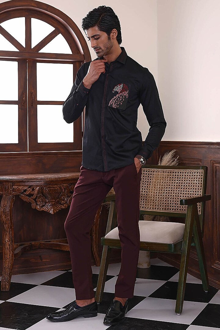 Black Cotton Hand Embroidered Party Wear Shirt by Abkasa at Pernia's Pop Up Shop