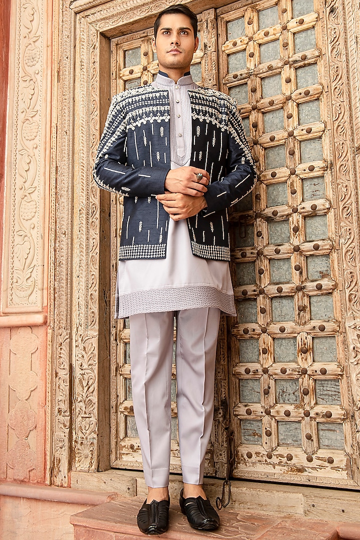 Navy Blue Raw Silk & Modal Satin Zari Embroidered Jacket Set by Abkasa