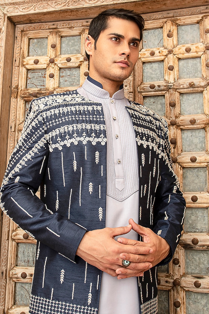 Navy Blue Raw Silk & Modal Satin Zari Embroidered Jacket Set by Abkasa at Pernia's Pop Up Shop